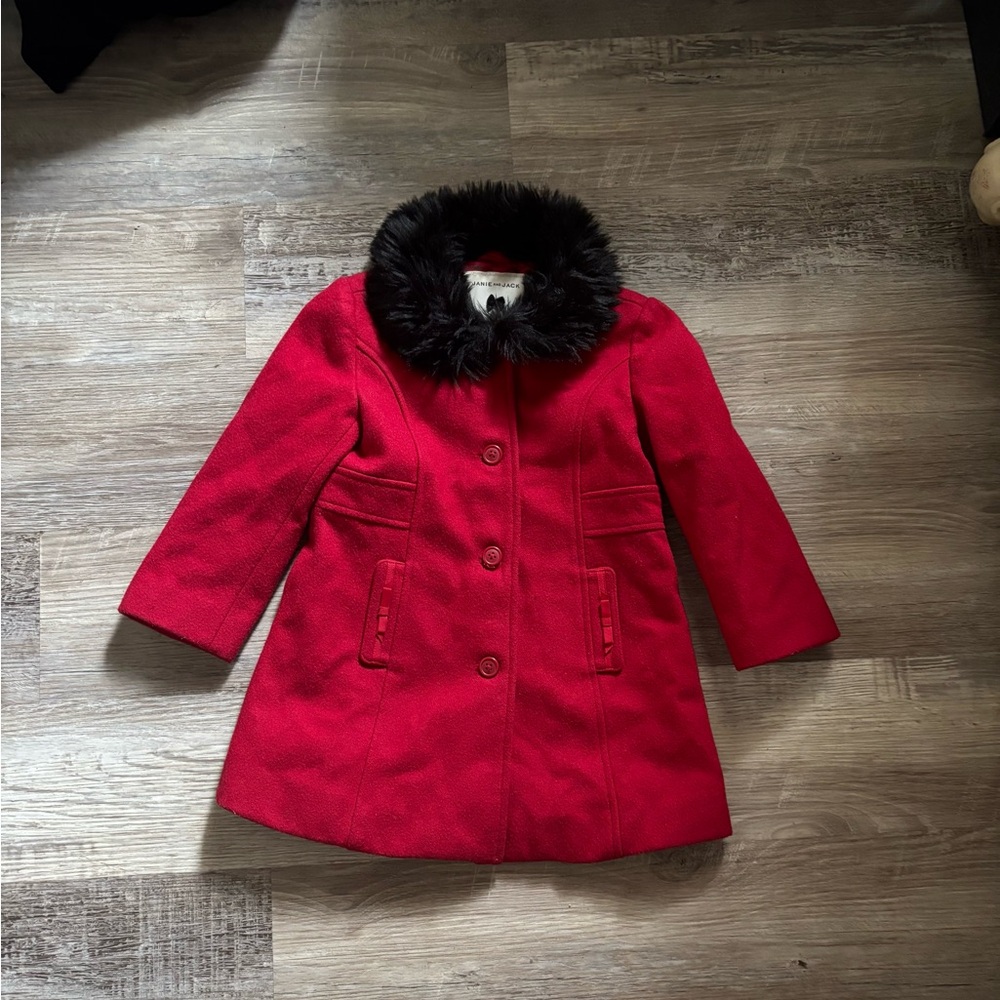 Janie and Jack Red Wool Coat With Black Faux Fur